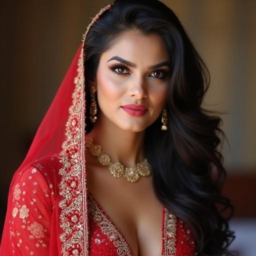 Portrait of a woman dressed in traditional red attire with gold embellishments. The subject has long hair and elegant makeup, exuding confidence and beauty.