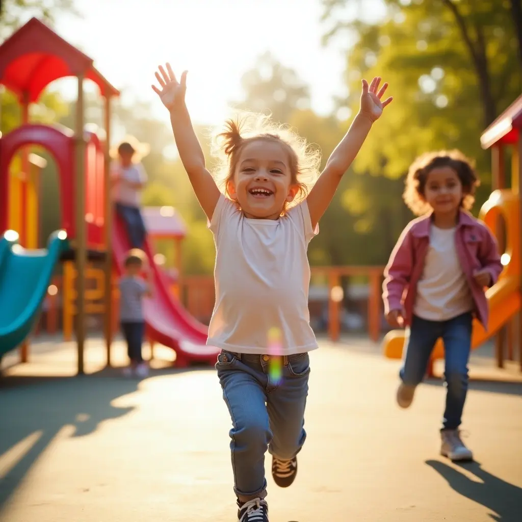 Child joyfully running in a playground with arms raised. Bright playground equipment in the background with greenery.