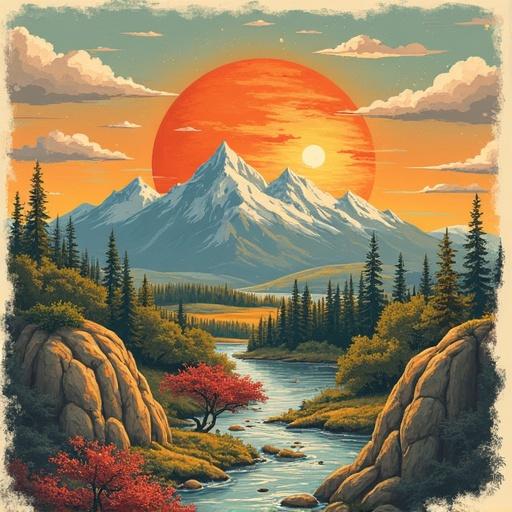 Illustration of a mountain landscape with a large orange sun in the sky. The scene includes a river winding through the foreground with trees and rocky formations.