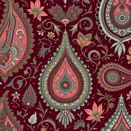 Seamless paisley textile design inspired by an heirloom Indian shawl. Tear-drop boteh forms with intricate ornamentation. Secondary arabesque vines and lotus buds fill the space. Hand-engraved style reminiscent of 19th-century Kashmir. Color palette includes deep oxblood, gold, teal, coral, and ivory.