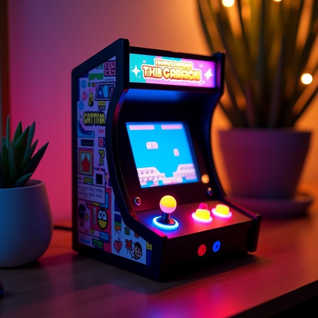 This image features a retro-style mini arcade machine that stands out with its colorful lighting. The arcade machine is positioned on a wooden desk, creating a cozy gaming atmosphere. On the screen, there's a pixelated game that evokes nostalgia for classic gaming. The vibrant controls are highlighted, drawing attention to the playful design. Surrounding the machine are soft ambient lights, enhancing the overall retro vibe of the scene.