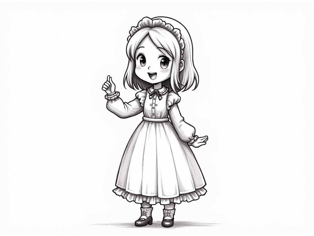 This image features a sketched character designed specifically for children. The character is posed cheerfully, showcasing a playful personality that appeals to a young audience. Dressed in Victorian-era clothing, the character wears a dress with a classic design that reflects the historical fashion. The hairstyle is shoulder-length and straight, further enhancing the character's cute, innocent look. The overall color scheme is grayscale, which highlights the details in the sketch without distraction.