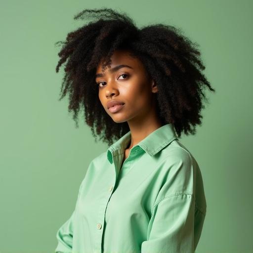 Face not visible angle from behind wearing light green cloth woman with medium length fluffy perm hairstyle