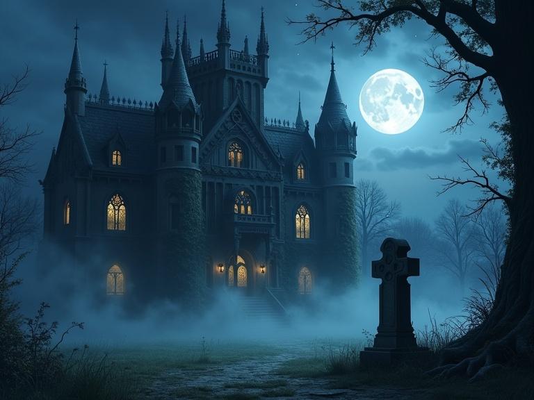 Gothic manor styled in anime. Intricate architecture with pointed arches and stained glass. Surrounded by dense fog at night. Glowing full moon in background. Foreground features weathered grave half-sunken in earth. Haunting, silent presence fills air.