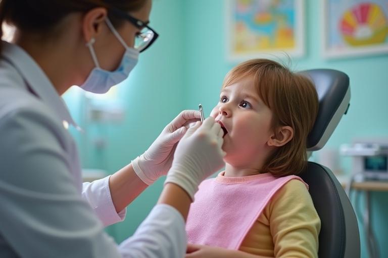 A dentist gently performs a minor oral surgery on a calm child in a friendly environment. Dentist uses precise instruments and soft lighting. Cheerful decorations on the walls enhance the atmosphere.