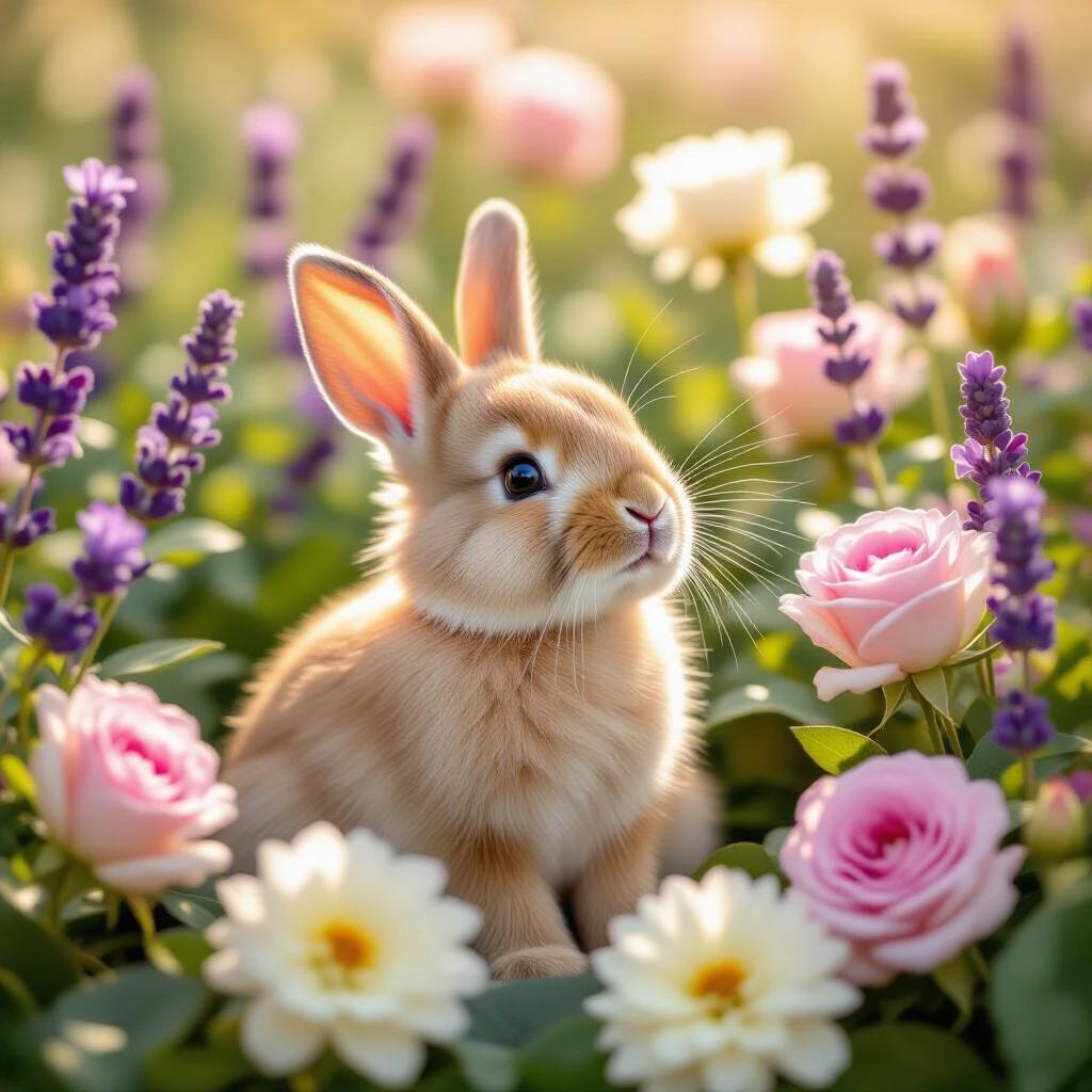 A beautiful light pink bunny looks up in the sunlight. The bunny smiles surrounded by lavender flowers. Pink roses and white hydrangeas are in the background.