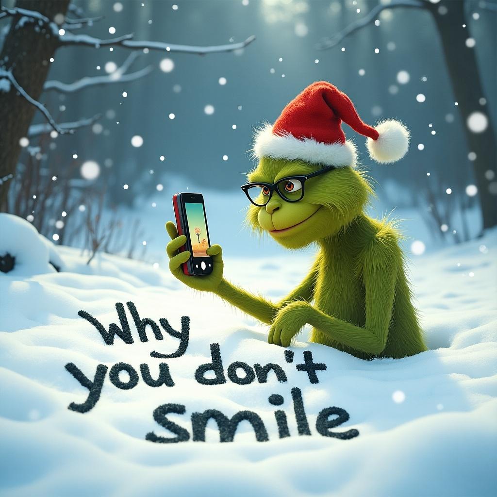 The Grinch uses a camera phone in snow. The Grinch writes in the snow. Grinch expresses curiosity. The scene has a winter atmosphere.