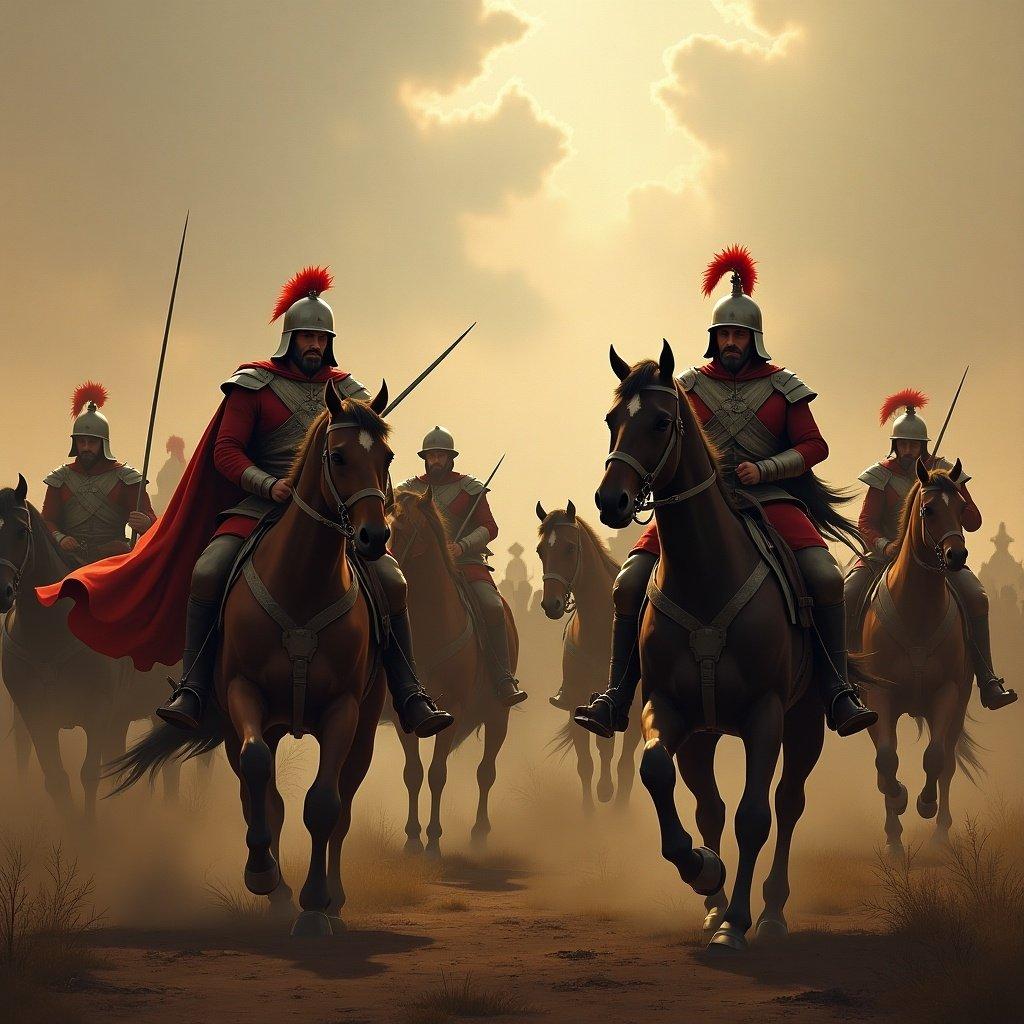 A dramatic scene depicting a group of armored horsemen in an olden day battle. The horsemen carry spears, wearing helmets and capes. The background features a cloudy sky illuminated by sunlight.