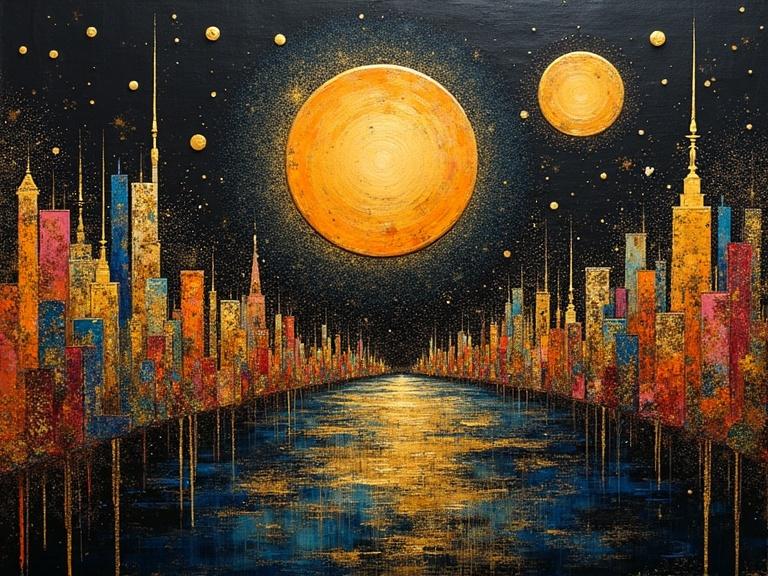 Futuristic cityscape painted in influence of Klimt and others. Two large suns dominate the scene above the colorful skyscrapers reflected in a shimmering river. Golden sparkles and stars create a dreamlike atmosphere. Artistic techniques like dripping ink and splattering are used. The background is a deep black canvas enhancing brightness. The composition is balanced and abstract. Emotions of happiness are evoked by colors.