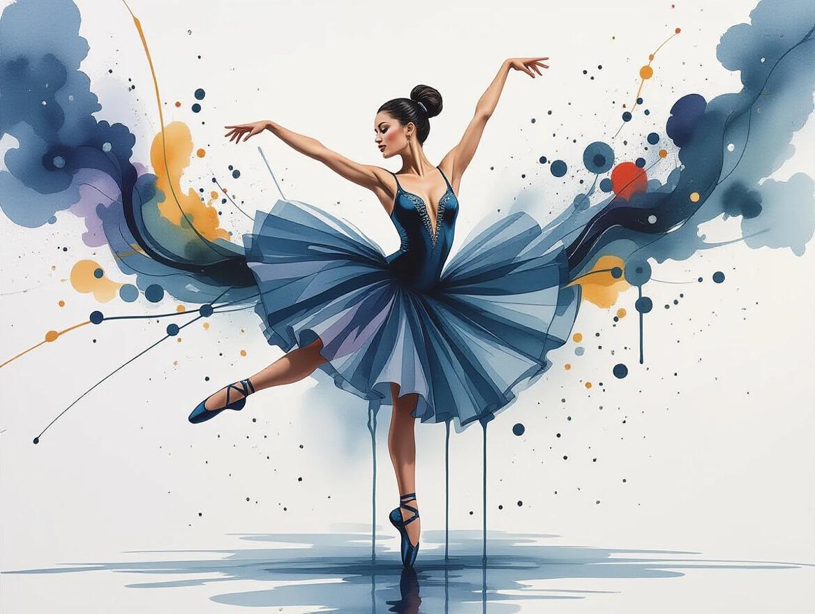 Masterpiece depicting a ballet dancer in mid-leap. Dynamic ink splatters surround the dancer. Energy of movement expressed in fluid ink. Choreography displayed through ink patterns. Graceful motion suggested with controlled splatter placement. Blends traditional ink techniques with contemporary dance art.