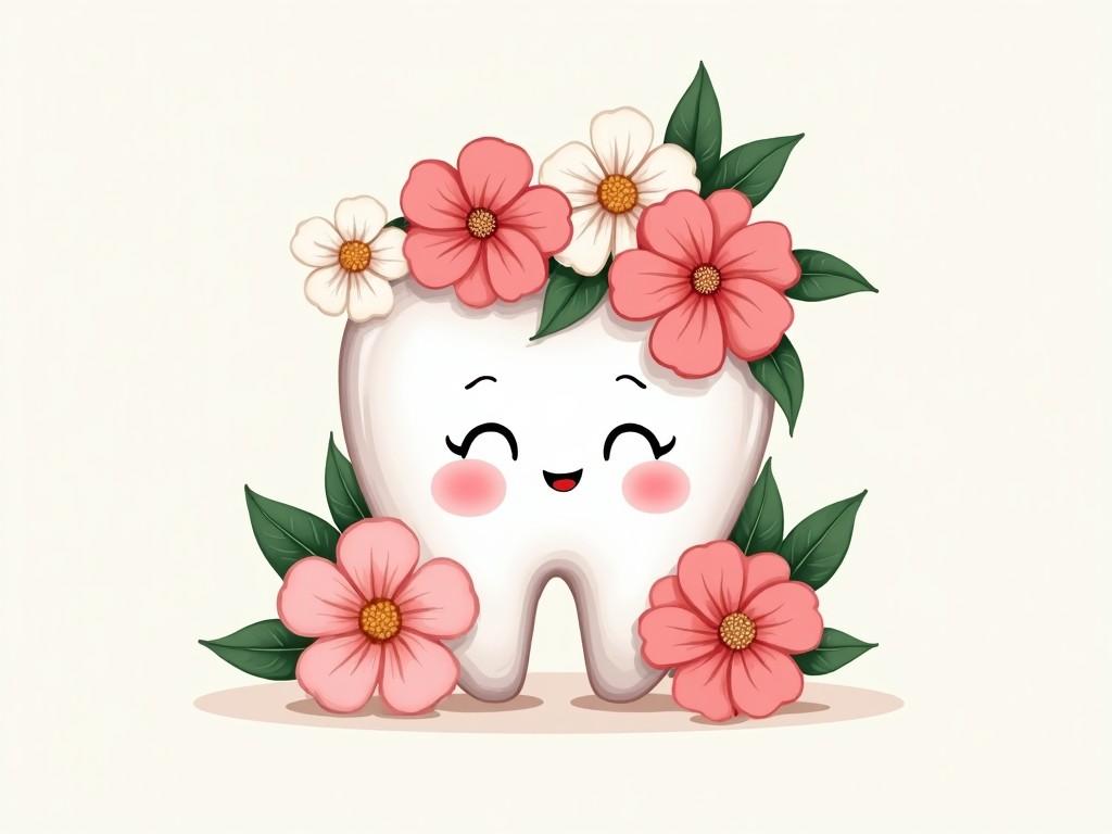 The image features an artistic illustration of a tooth. The tooth is adorned with various flowers, creating a soft and whimsical effect. The flowers are in shades of pink and white, adding a delicate touch. Leaves in green further enhance the floral design around the tooth. The background is plain, emphasizing the colorful details of the tooth and flowers.