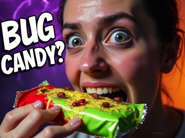 A close-up of a person mid-bite into a colorful candy bar with bugs. The person has bulging eyes and a horrified expression. Dramatic lighting creates high contrast. The candy is neon green and red, with ooze that is sickly yellow-green. The background has purple and orange hues. The text 'BUG CANDY?!' is oversized and bold at the top left. An exaggerated cartoon bug crawls near the candy. The overall feel is theatrical and meme-like.