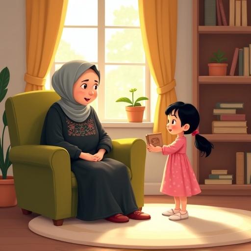 A cozy cartoon-style indoor scene for children's story illustration. Grandmother sits in olive green armchair, sunlight streaming in from window. Girl stands holding wooden box, both smiling. Background has shelves with books. Warm and inviting mood, blank space at the top for title.