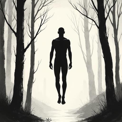 bald human silhouette with black fill color skinny male floating with flowy body movement in forest monochrome minimalist sketch delicate ink lines on textured paper serene mood inspired by traditional Asian brushwork