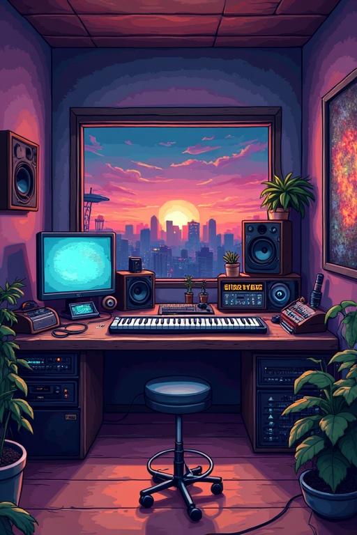 Pixel art style music studio with synthesizers and hardware compressors. Features a desk with equipment and a glowing sunset view. Modern urban skyline is visible through the window.