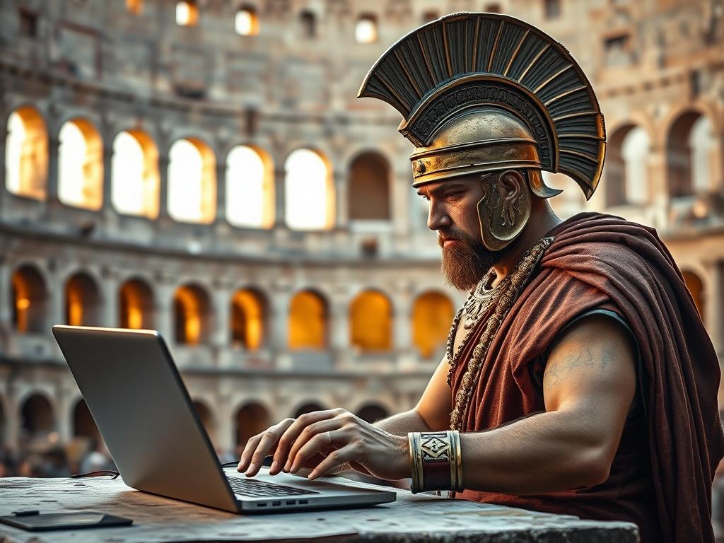 A Roman gladiator, clad in ancient armor, using a modern laptop in an amphitheater setting.