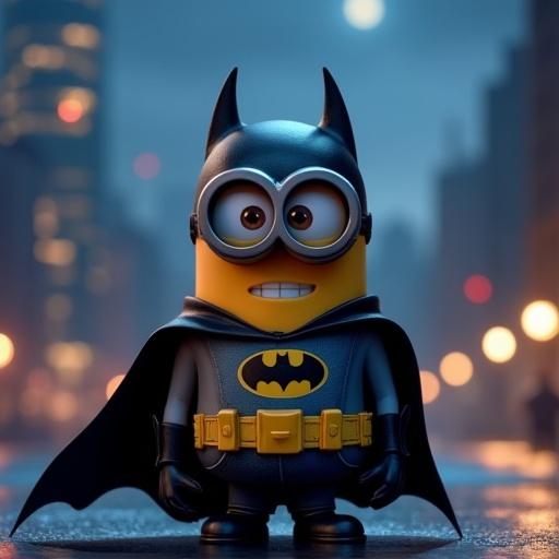 3D cartoon-style minion dressed as Batman with a black cape. Minion has a bat ears mask and utility belt. Minion is standing in front of a dark Gotham skyline at night. The image has a Pixar-style and cinematic lighting.