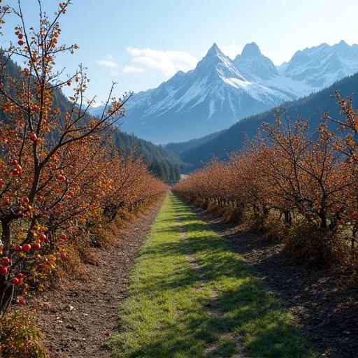 Apple gardens in winter with snow-capped Alps in the background. Trees lined along the path are bare with a few apples still on them. Clear sky and bright sunlight enhance the scenery. A peaceful agricultural landscape invites visitors to explore.