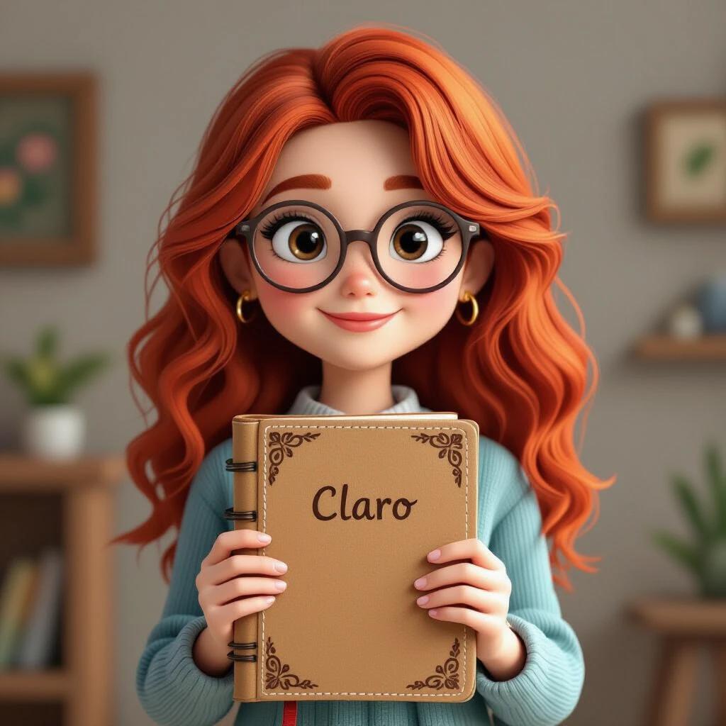 3D illustration of a girl with red hair wearing glasses holding a personalized handmade notebook. The notebook has visible handmade details like decorative stitching and custom patterns. The girl's name appears on the cover. She looks proud and happy promoting the exclusivity and artisanal quality of her notebook.
