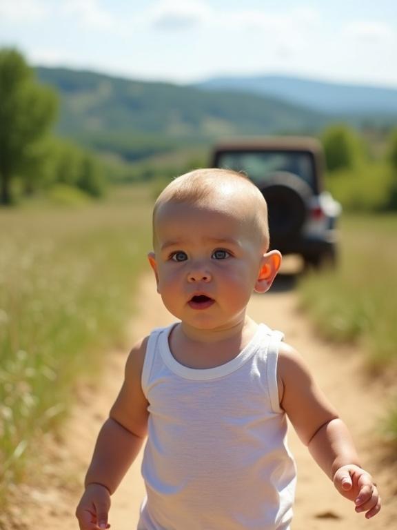 A heartwarming scene shows a curious baby walking along dirt path. Baby wears simple white tank top. Background features an off-road vehicle suggesting adventure. Bright natural lighting highlights baby and greenery. Composition focuses on baby with depth of blurred horizon.