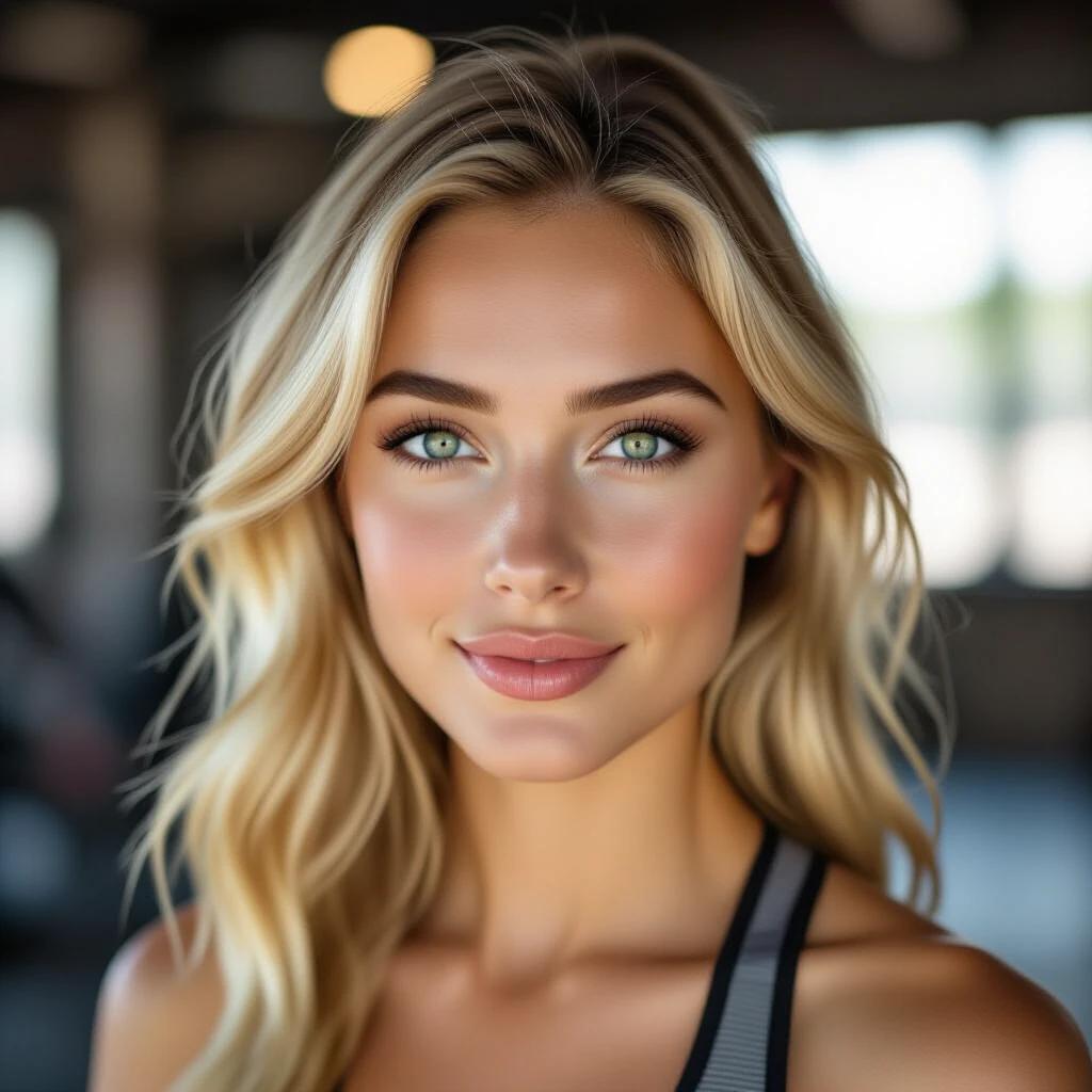 Portrait of a blonde woman in gym attire with loving gaze. Hyperrealistic photography in 8K resolution. Captures warmth and connection. Natural light creates ethereal glow. Focus on the eyes reflecting deep emotion.