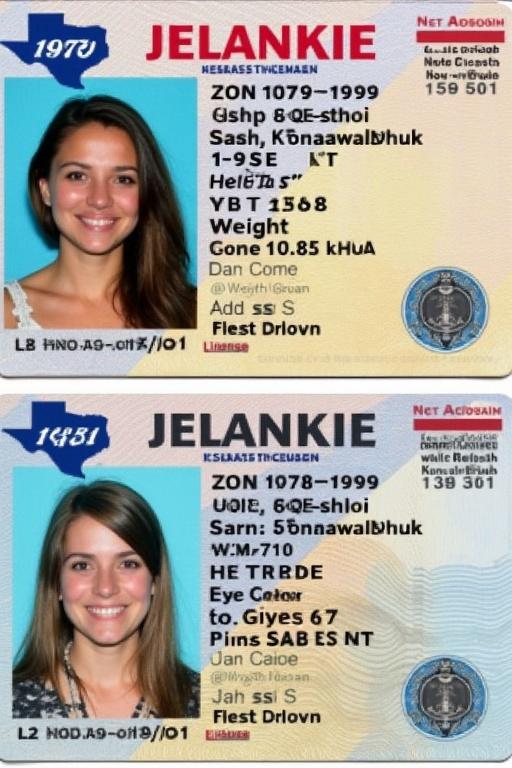 Texas driver's license format contains Alexei Sasha Konawalchuk's information. Date of birth is 10/08/1999. Address listed is 2109 North St, San Angelo, TX 76901. Height five feet eight inches. Weight one hundred thirty-five pounds. Eye color brown. Hair color brown. Expires in twenty twenty-eight.