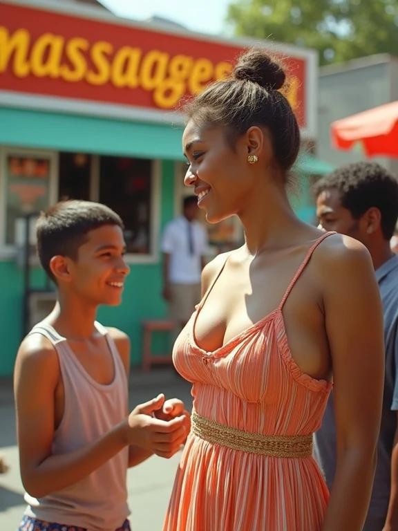 Sutry beautiful woman in sundress talking to two boys at a local stand. It says 'massages'. Pixelated and low resolution image with bright colors and a casual outdoor setting. The scene portrays a lively local environment.