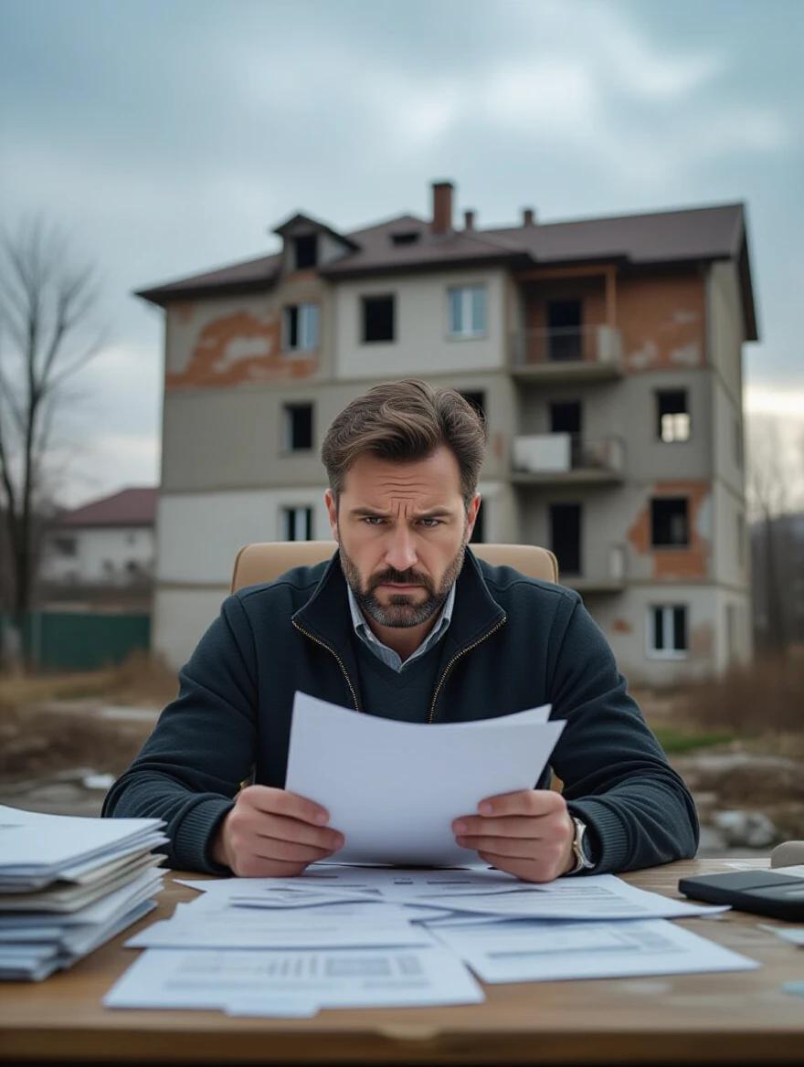 Frustrated male investor in his 40s sits at a messy desk. Papers and renovation bills clutter the desk. An old, run-down apartment building is in the background with a cloudy sky. The lighting has a realistic, cinematic quality.