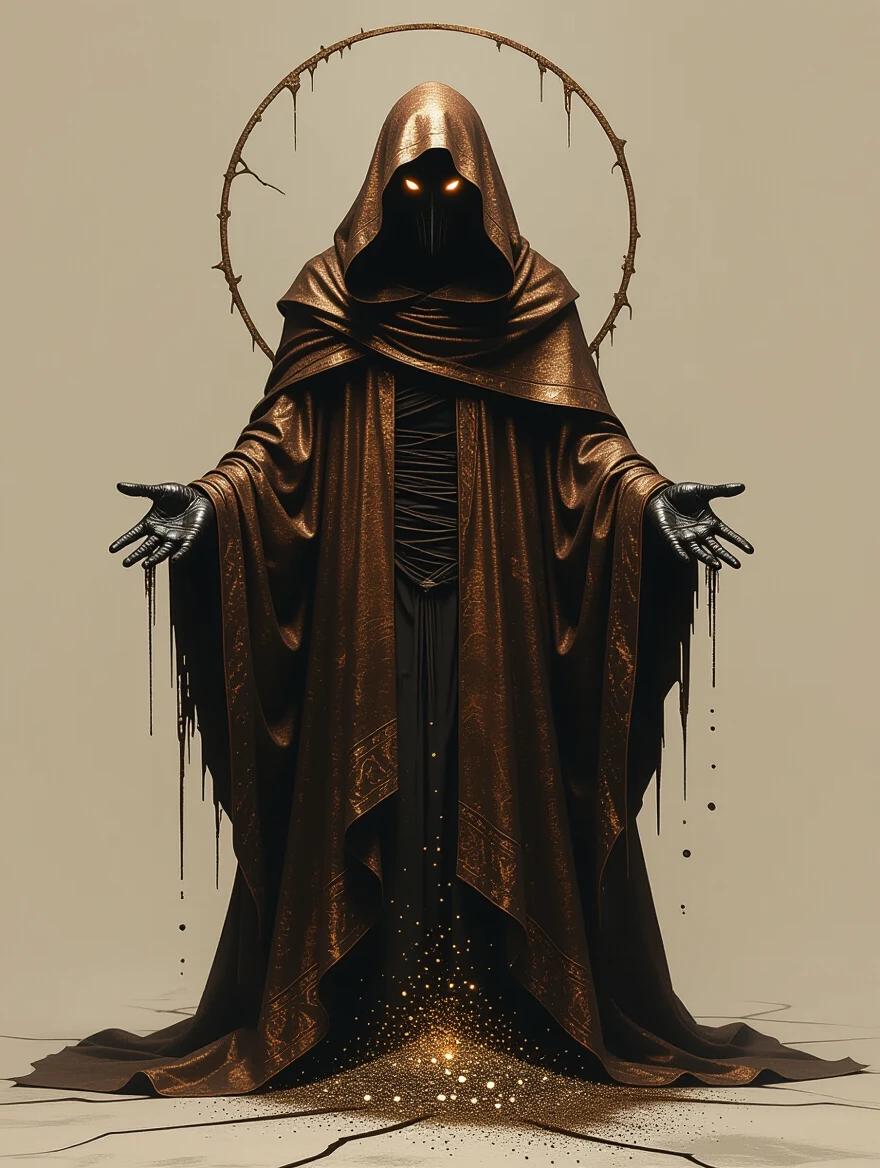Tall gaunt figure without hands. Heavy robes shimmer like tarnished copper. Dark voids in sleeves spill pyrite dust. Face obscured by deep hood. Two bright points like cold embers in the hood. Burdened posture. Framed by inverted pentagram of cracked earth. Convey decay and hollow opulence.