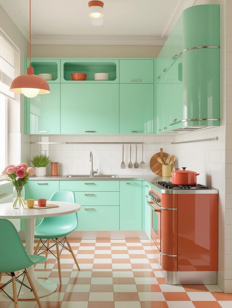 Wide-angle shot of a vibrant Brazilian kitchen. Features pastel mint green cabinets with a glossy finish and terracotta accents. Includes white terrazzo countertops and simple white backsplash. Shows classic checkered vinyl flooring. Architectural elements from an older building. Soft natural light from a round window.
