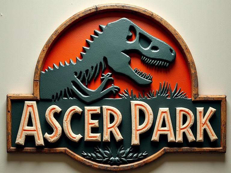 Title ASCER PARK in a strong serif font with a worn texture. T-rex skeleton holding €50 notes with bills falling. Top hat on the T-rex head.