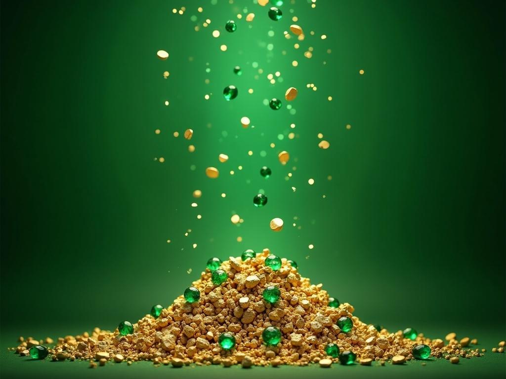 Green Irish wallpaper with gold nuggets and emeralds raining down to a big pile.