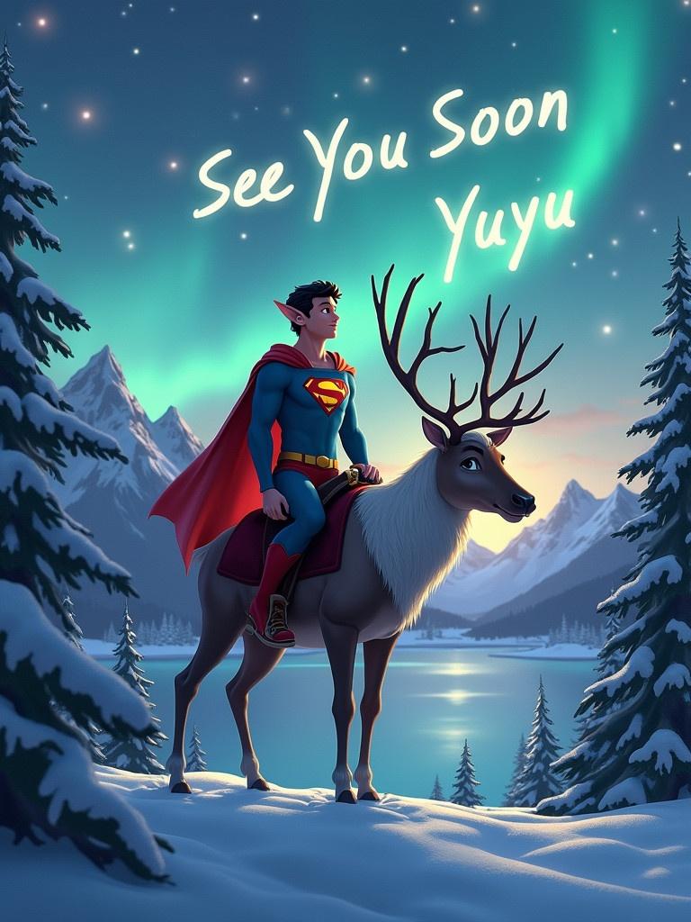 An elf character wears a Superman suit and rides a reindeer. Elf writes in the sky 'See You Soon Yuyu'. Background features a winter landscape with mountains and a lake. The night sky shines with northern lights. Pine trees are covered with snow.