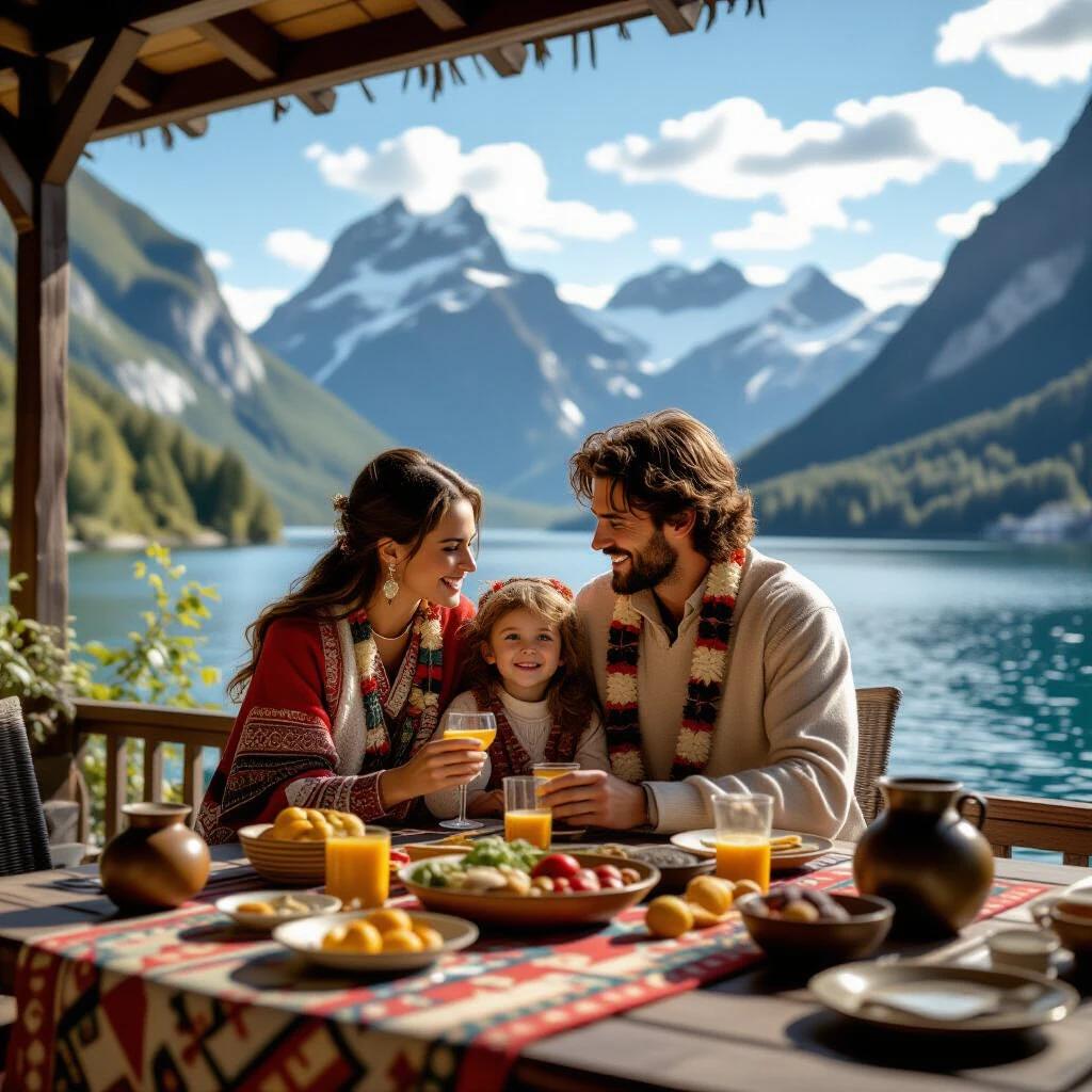 A family celebrates a cultural tradition in a beautiful outdoor setting. Scenic background with mountains and lake. The table is filled with various foods and drinks. The scene is warm and inviting. Hyper-realistic details in an 8K resolution.