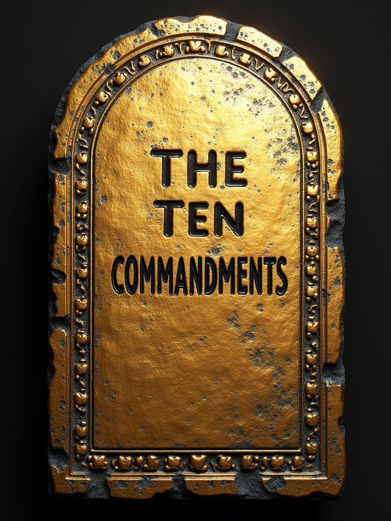 Stone tablet designed with a golden surface displaying the phrase The Ten Commandments. Black outline emphasizes the text. Background is dark, highlighting the tablet's features.