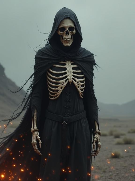 Digital painting shows a lone skeletal figure in a desolate landscape. The figure wears a tattered black cloak. The ribcage features a cyberpunk aesthetic with geometric patterns. Orange embers swirl around the figure, casting shadows. The background is misty gray, fading into blackness.