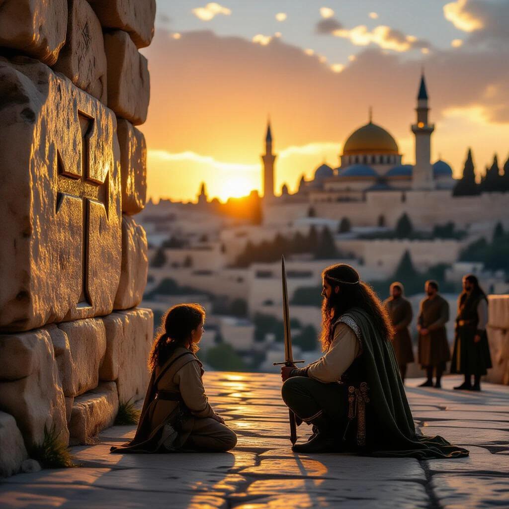 Quiet Jerusalem sunset with a child kneeling by an ancient stone etched with a crossblade symbol. Golden light illuminating the child’s face. Distant chanting echoes. Elf warrior holds a sword. Seven figures stand before a castle. Illustrates themes of adventure and bravery.