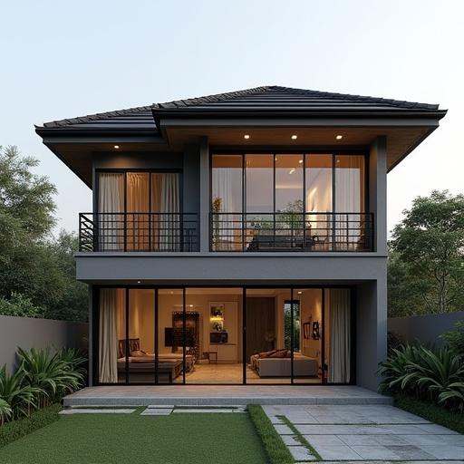 Single-story minimalist home. Typical Indonesian roof tiles. Large glass doors with outdoor access. Surrounded by landscaped greenery.
