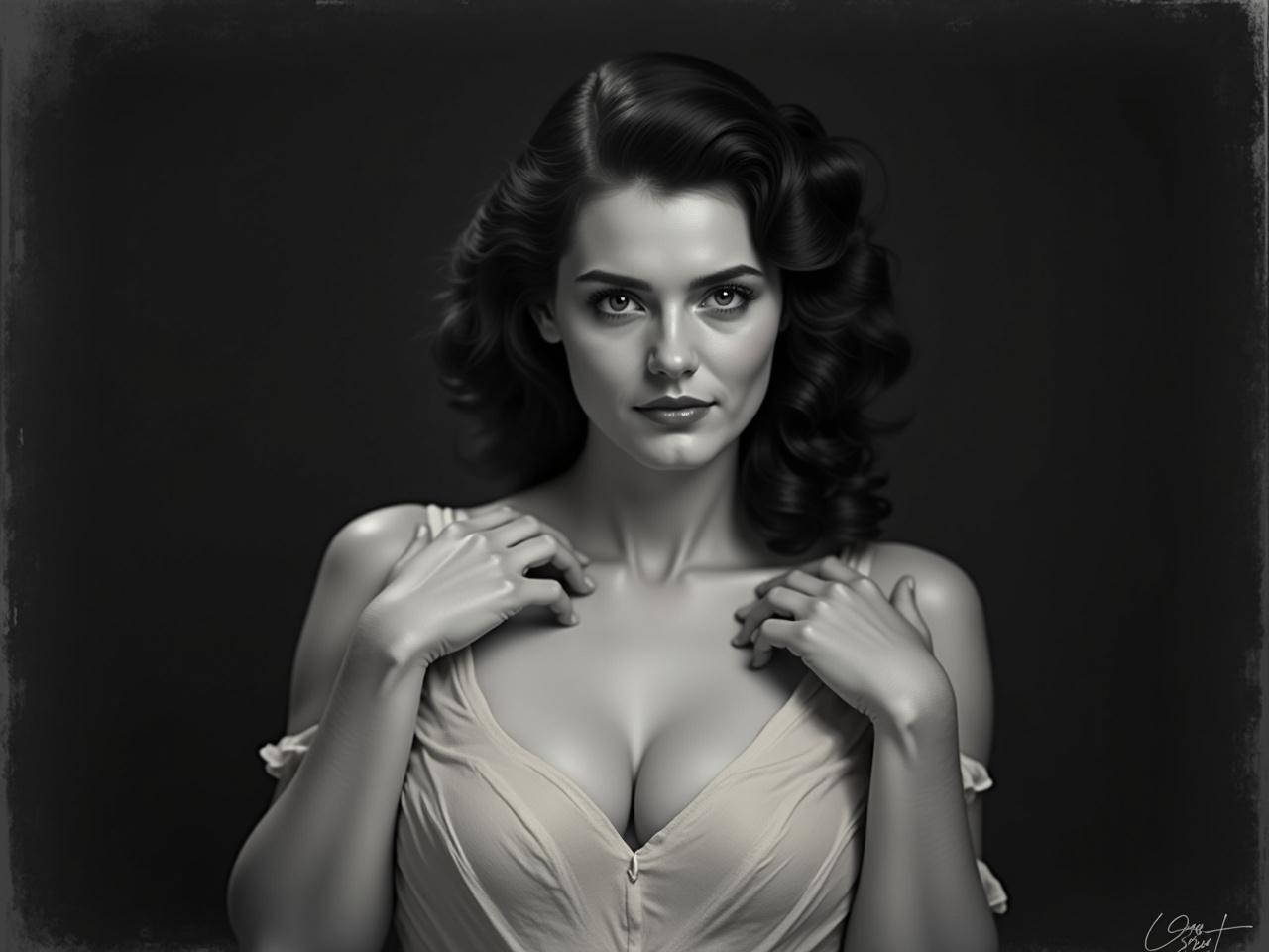 A vintage black and white photograph of a woman posed elegantly. She has her face turned straight forward, maintaining a confident expression. Her hands are positioned down at her sides, creating a classic and timeless look. The background is dark, emphasizing the subject's features and attire. She wears a delicate, light-colored garment that adds to the overall vintage aesthetic.