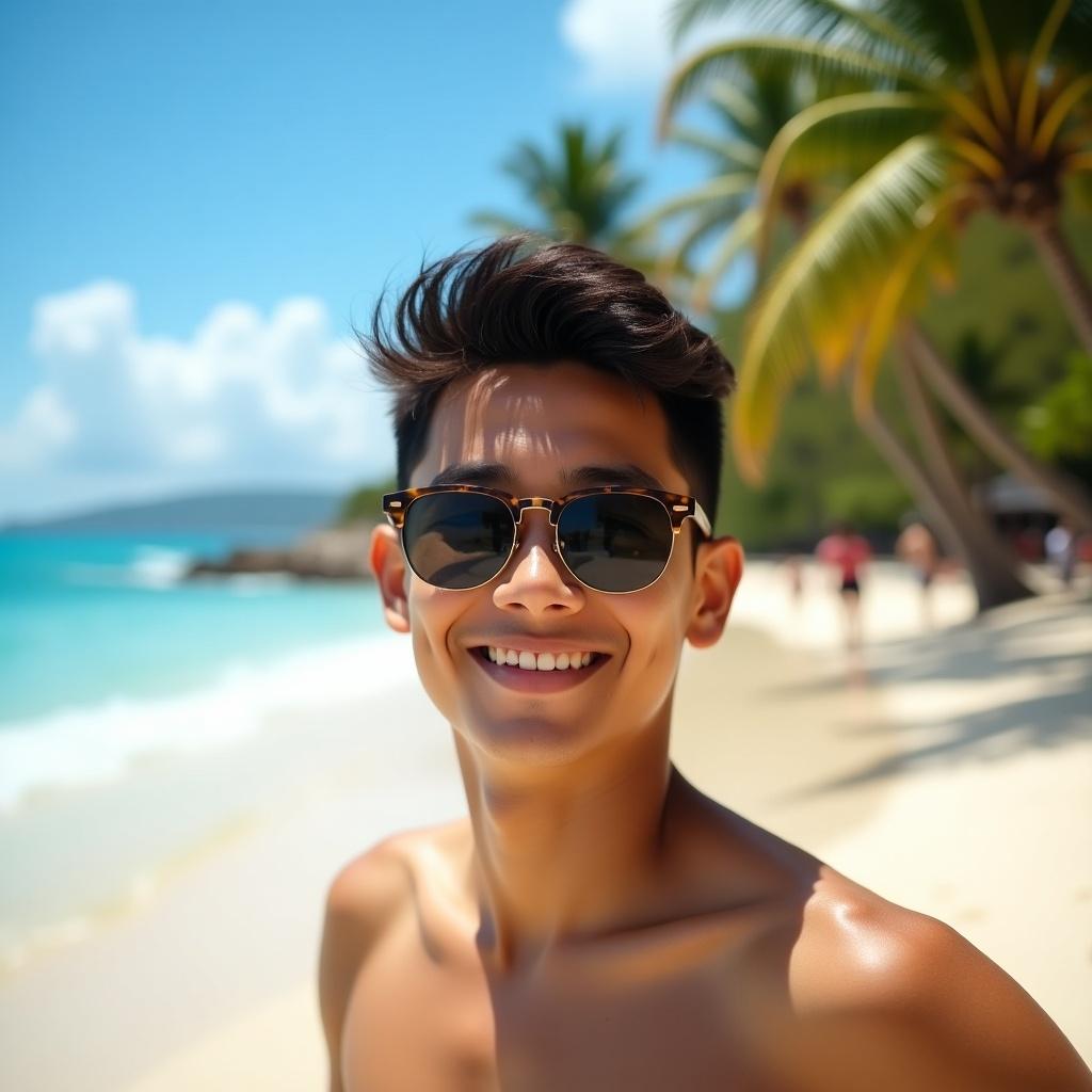 A shirtless young man poses at a tropical beach with crystal clear water and palm trees in the background. The scene radiates a vacation vibe. The sun shines brightly, creating a lively atmosphere.