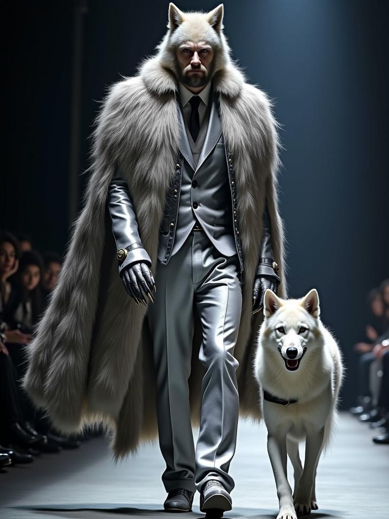 Werewolf in silver fur-lined suit walks confidently on runway. Cloak resembles wolf skin with claw-like glove accents. Direwolf walks beside him. Fashion and fantasy merge with dramatic lighting highlighting outfits.