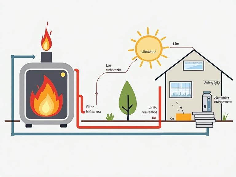 An easy-to-understand diagram of an air thermal heat pump connected with arrows showing how it extracts energy from the outside air represented with blue particles or waves and directs it into a house. Simple line drawing style. Include small icons for heating (flame), cooling (snowflake), and hot water (tap with droplets).