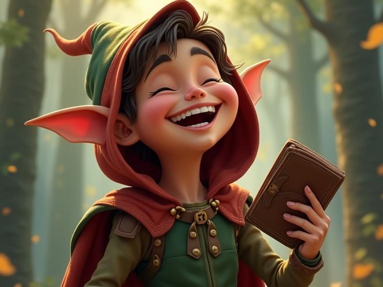 A mischievous elf character laughs while holding a large wallet. The character wears a green and red outfit with pointed ears and a hood. A magical forest serves as the background with autumn leaves.