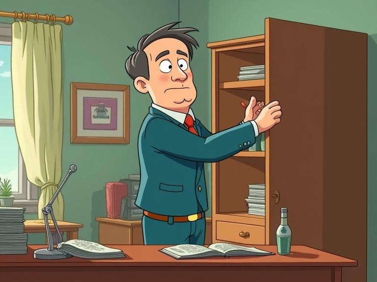 The scene is a cartoon. A man in his fifties stands up and approaches a cabinet behind the desk. He opens it.
