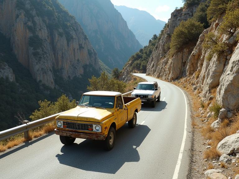 Realistic image of a winding mountain road. Two modern 4x4s follow a rusted yellow pickup truck. Rocky cliffs on either side of the road. Sparse vegetation borders the narrow path. Simple guardrail along the edge. Captures travel in a remote environment.