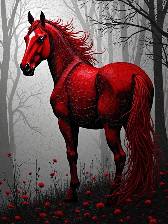 Display a striking Gothic horse in dark red against a black and white background. The art evokes mystery. Elements feature iridescence and abstract design. Capture ethereal qualities in film noir style.
