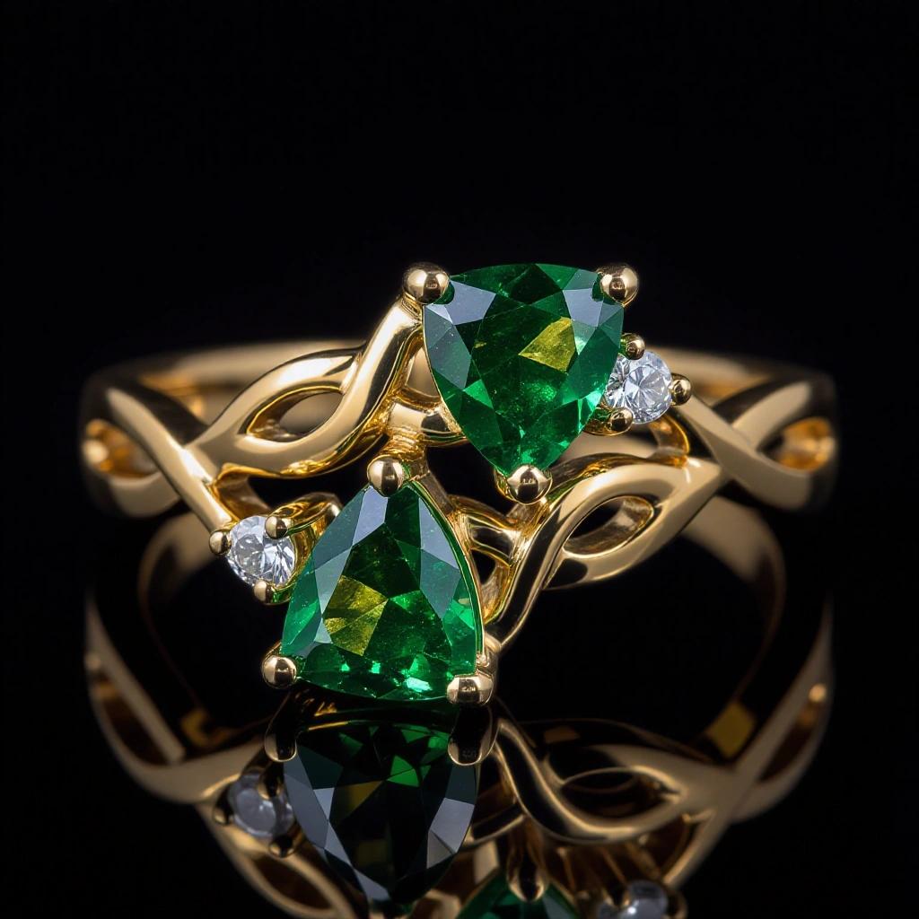 Gold ring featuring two trillion-shaped Tsavorite Green Garnets. One garnet faces up while the other faces down. Small diamond on each side. Band features organic vine designs in Celtic knot style.