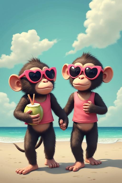 Two monkeys in pink tops and heart-shaped sunglasses walk along a beach. One monkey holds a coconut with a straw. They are holding hands in a lighthearted setting.