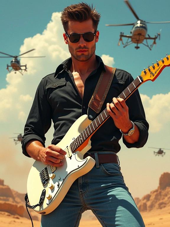 Guitarist in a black shirt and jeans stands confidently. He plays an electric white guitar. Helicopters hover in the background. It resembles an 80s action movie poster. The image is shot in HDR with vivid colors. The setting is outdoors in a desert landscape. The hero has slicked back hair. Full body view presents a dramatic stance with attention to detail.