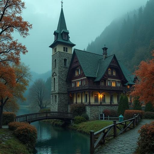 Ornate Swiss chalet with a moss-covered roof nestled in foggy autumn mountains. Wooden bridge crosses over a pond. Stone well with pump beside the church. Vines creep up the walls. Nighttime scene with soft lights.
